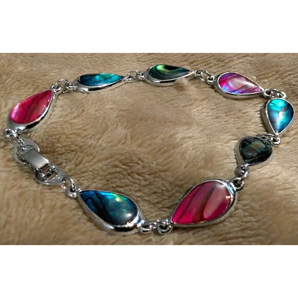 VTG Abalone Sterling Silver Plated S-80 Bracelet Box Clasp 8" Paua Pink Green - Picture 1 of 6